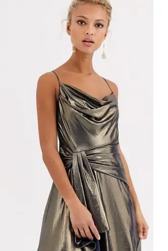 Ever New Goddess Charli High Low Navy And Gold Metallic Formal Gown Sz US 0