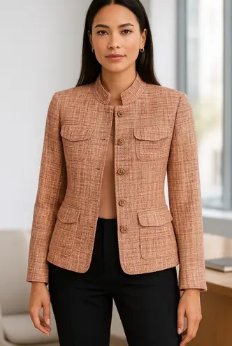 Lafayette 148 New York Petite Tweed Blazer Jacket Pink Tan Size 8 Linen Blend