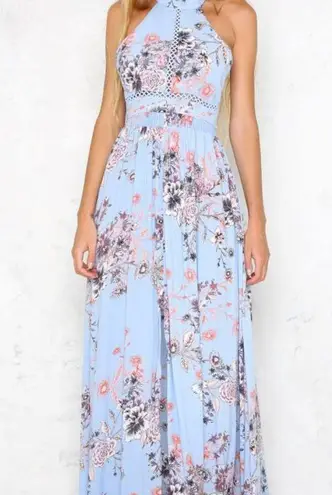 Light Blue Floral High Neck Open Back Maxi Dress