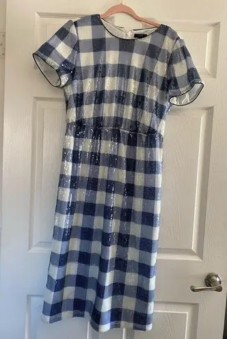 J.Crew NWT  Short-Sleeve Sequin Dress In Gingham Women Blue/White Midi Size 10