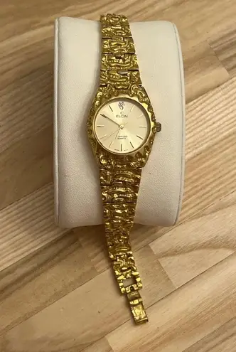 Elgin Ladies Watch Vintage Rare Diamond Gold Tone Nugget Bracelet Gold Dial