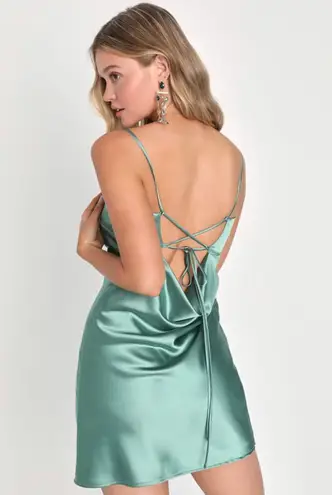 Lulus Chic Allure Sage Green Satin Lace-up Mini Dress