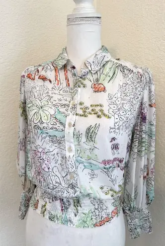 Maeve Anthropologie Rosa Paint By Numbers Print Smocked Blouse Size XS