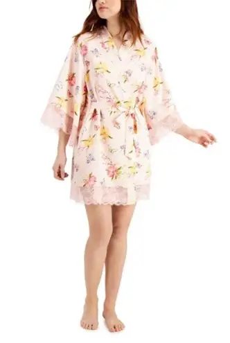 NWT INC Pink Butterfly Floral Lace Trim Wrap Robe Medium
