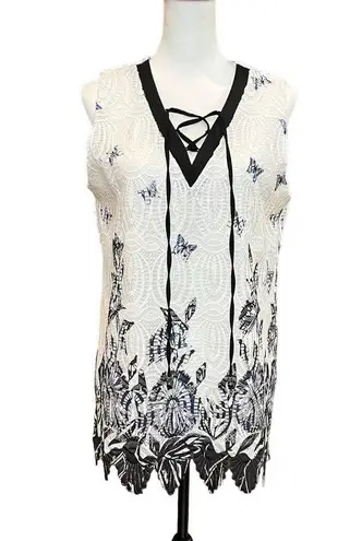 Kamana Butterfly Lace Sleeveless Tunic Blouse Lace Up Neck White Black Size M Size M