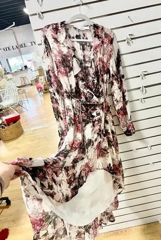 IRO Garden Floral Ruffle Surplice Neck Midi Wrap Dress Red/White Women 38 / US 6