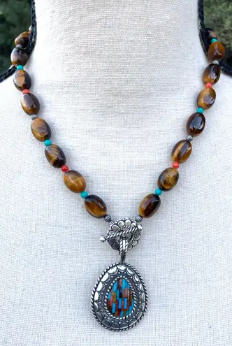Carolyn Pollack Southwestern Silver Pendant Inlay Tigers Eye Turquoise Necklace