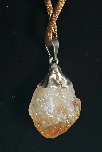 Vintage Dyed Agate Raw Citrine Orca Agate Pendants with Brown Silk Cord Necklace Silver