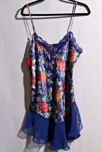 Sedu Fine Lingerie Blue Floral Slip Mini Dress Lace Fairy Whimsigoth Y2K Satin M Size M