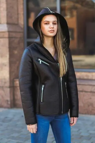 Mauritius Alexia Faux leather shearling biker jacket with zipper detail hood S