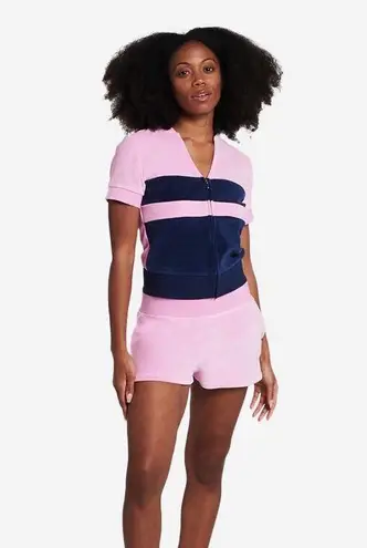 Juicy Couture Pink/Blue Colorblock Velour Short Sleeve Track Jacket Size L