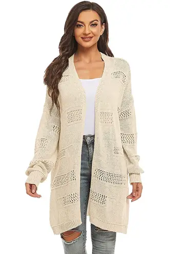 Hollow Out Open Front Knit Long Oversized Cardigan Sweater Outerwear Beige S Tan