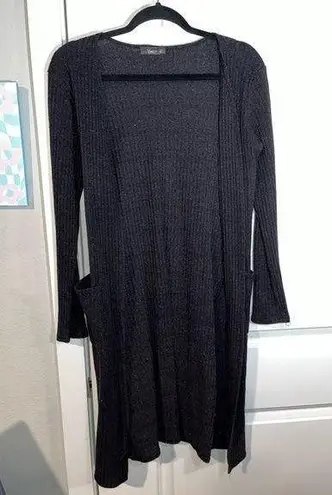 Black Ribbed Stretchy Long Sleeved Cardigan Duster Length Size Large