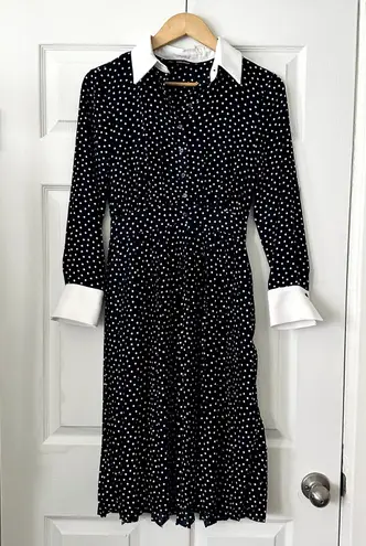 Zara Polka Dot Dress Contrasting Collar and Cuffs Sz S Blue