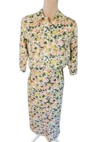 British Khaki Vintage Linen & Cotton Cottagecore Floral Skirt Set Large