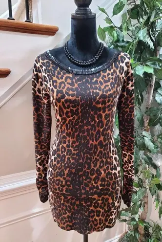 INC  Brown & Black Animal Print Round Neck Long Sleeves Casual Sweater Size Large