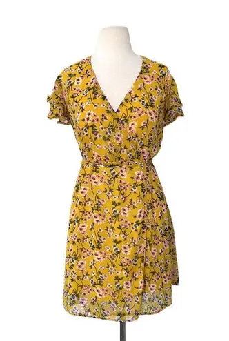 Harper Heritage  Dora Yellow Floral Ruffle Mini Short Sleeve Lined Wrap Dress M