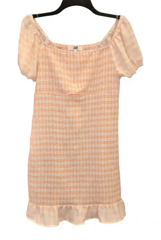 Madden NYC Smocked Gingham Plaid Off Shoulder Dress Orange White XL