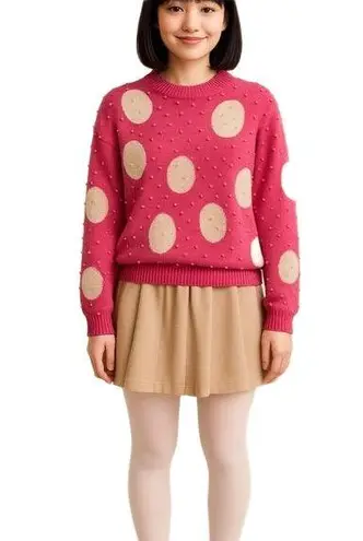 Joyce Pink Large Polka Dots Beaded Texture Kawaii Style Crew Neck Sweater Large