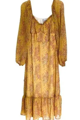 Piper & Scoot Yellow Shimmer Floral Long Sleeve Midi Dress Size Medium