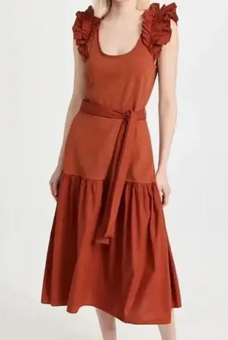 Nation Ltd Everly Frilly Ruffle Strap Tiered Cotton Midi Dress Cayene Red Small