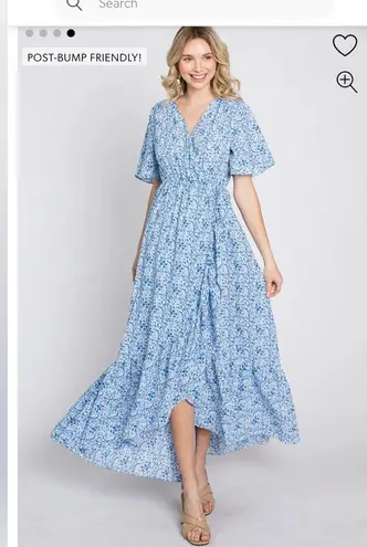 Pinkblush MATERNITY AND POST PARTUM WRAP DRESS BLUE FLORAL PRINT V BACK AND TRUE WRAP