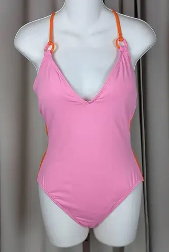 Kate Spade  New York Plunging V Neck One Piece Colorblock Swimsuit Pink Orange L