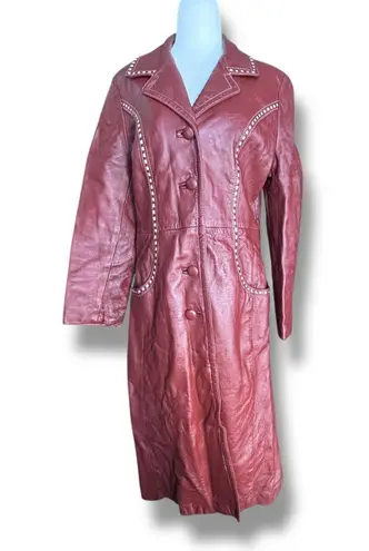 Vintage 70s Burgundy Leather Longline Trench Coat White Whipstitch Western Ranch Red