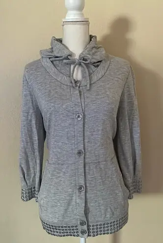 St. John Gray Cardigan Button Up Sz M Sequin Hooded Jacket Embellished Trim
