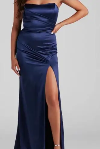 Strapless Navy Blue Satin Formal Dress Gown Slit Sexy Elegant Party Cocktail Size XL