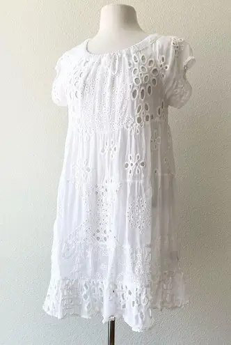 Johnny Was White Eyelet Lace Mini Bay Doll Dress Swim Coverup With Slip Size S