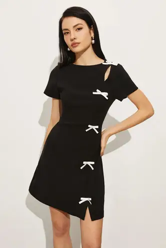 Commense Bows Girly Side Split Cutout Black Stretch Mini Dress XS