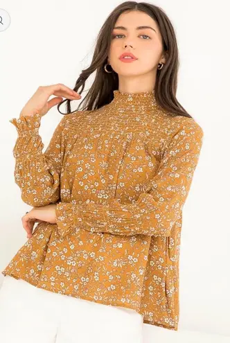 THML Mustard Smocked Floral Blouse Ruffle Sleeve Boho Chic Top Size Medium