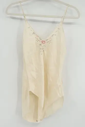 Silk Mirage Vintage Fairycore Silk Teddy Lingerie Bodysuit Embroidery Floral Tan Size XS