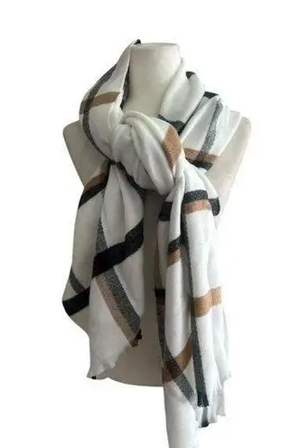 West Loop Womens Scarf Plaid 79"x30" Acrylic Neutral White Brown Black Fringe