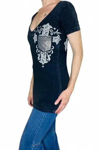 Affliction Vintage Y2K Live Fast Black Gem Rhinestone Cross Printed Tee