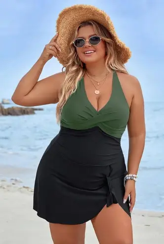 Blooming Jelly green/black Swim Dress Tummy Control Bathing Suits Sz 2X