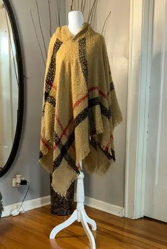 Tan and Red Asymmetrical Oversized Poncho Sweater