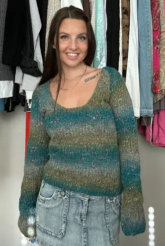 BKE Sheer Knit Striped Sweater Blue Green Tan Y2K Size L