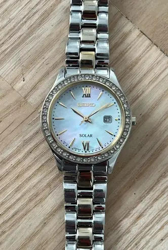 Seiko Solar Ladies Watch Swarovski Crystals Two-Tone Bracelet Pearl Dial Date