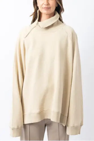 CLOSED Zip Collar Oversized Cotton Pullover Sweatshirt in Shetland Small Tan - Image 1