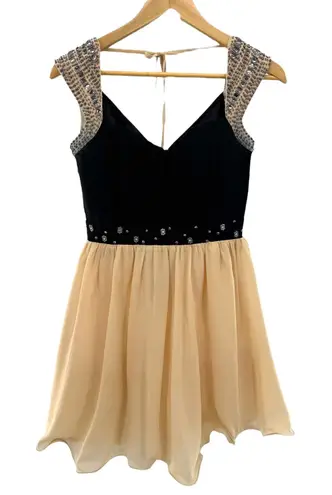 Little Mistress Black Beaded Cap Sleeve Skater Dress Peach Chiffon Skirt Size 4