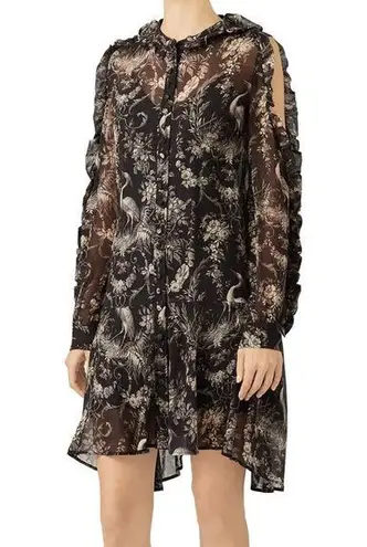 The Kooples Silk Birdy Print Cold-Shoulder Dress Black Semi-Sheer Pattern AOP L