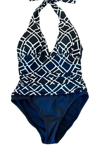 La Blanca black and white geometricāruched side halter one piece size 8