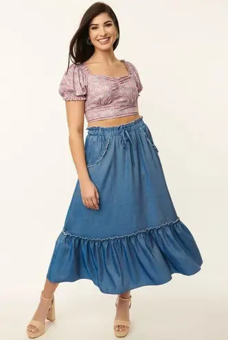 Unique Vintage NWT  1970s Chambray Ruffle Tiered Midi Skirt X-SMALL