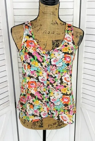 Ambiance Apparel Sheer Chiffon Floral Button Front Tank Top Small Black