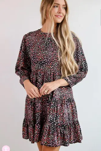 Dress Up Black Floral Tiered Mini Dress Size L