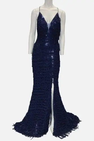 Clarisse  V-Neck Tassel Sequin Lace Up Back Gown Navy Blue Size 8 NWT