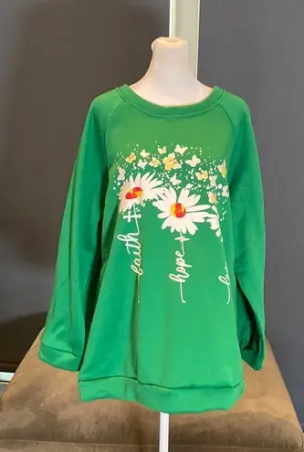 Women’s Green Fleece Long Sleeve Sweater Faith Hope Love Design Size XL NEW Green