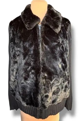 Vintage 90s Tiara Black Faux Fur Wool Knit Zip Jacket Collared Sweater Coat Size XL